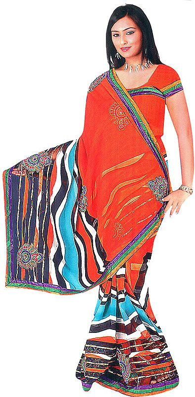 Golden Oak Printed Leheria Sari with Embroidered Bootis