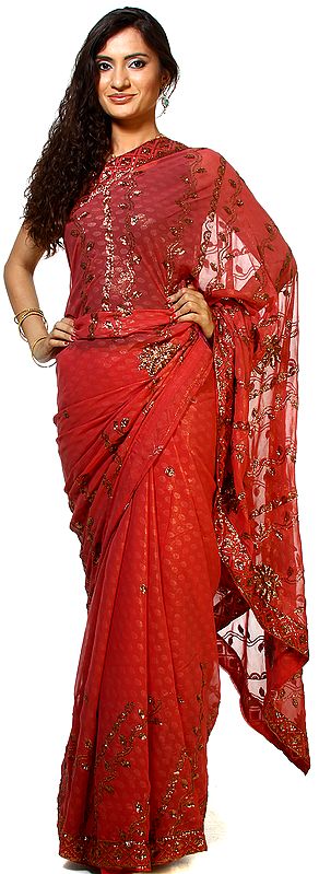 Light Mahagany Shimmer Sari with Embroidered Flowers and Sequins