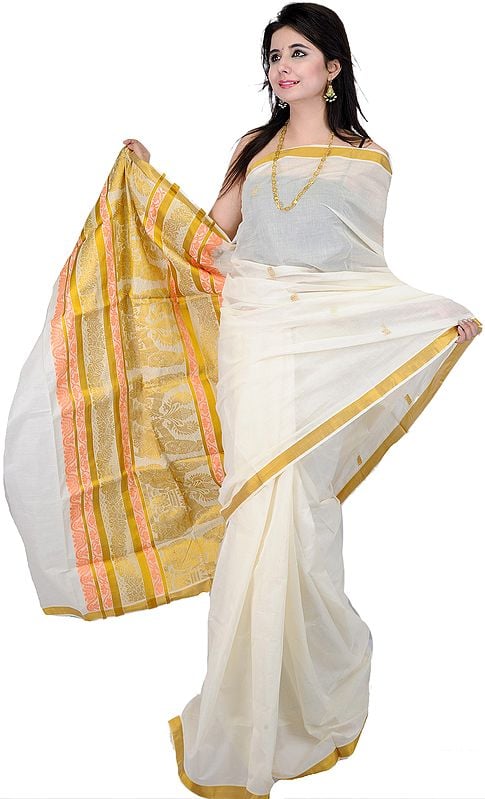 Ivory Handwoven Kasavu Sari From Kerala with Woven Bal Krishna on Aanchal