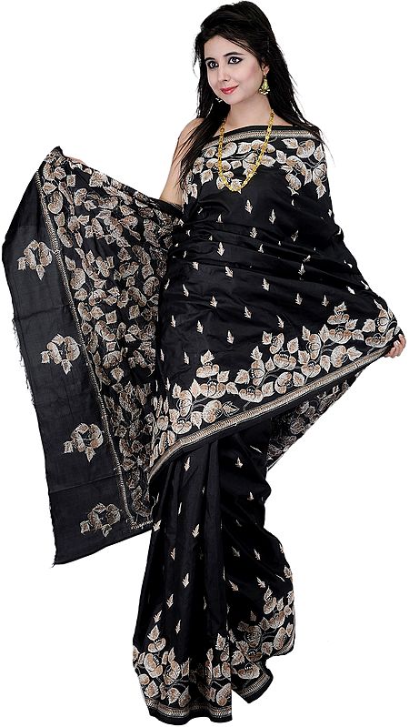 Black Sari with Kantha Stitched Embroidered Flowers All-Over