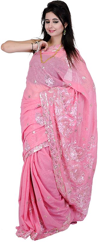 Sea-Pink Sari with Thread Embroidered Flowers and Sequins