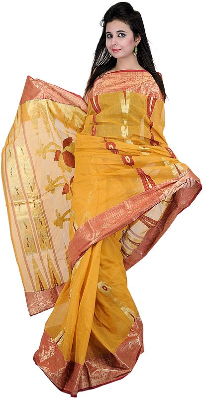 Amber Gold Tant Sari from Kokata with Handwoven Flowers