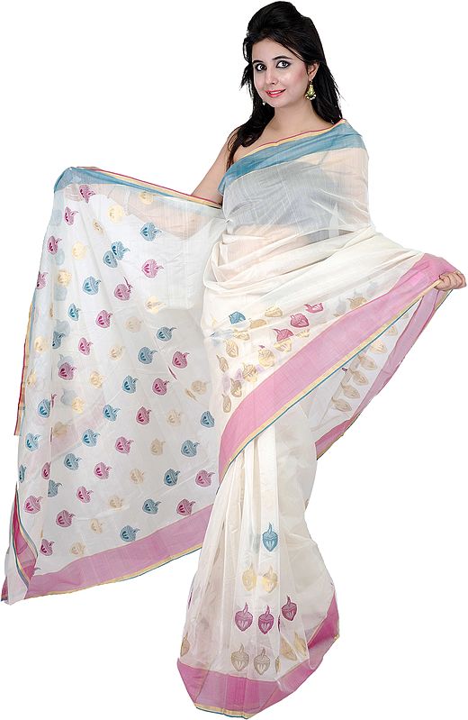 Ivory Chanderi Sari with All-Over Woven Diyas in Multi-Color Thread