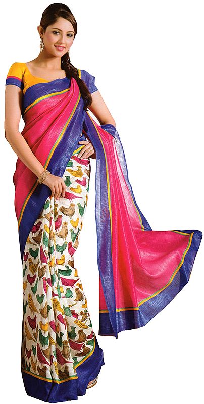 Ivory and Fuchsia Sari with All-Over Printed Birds