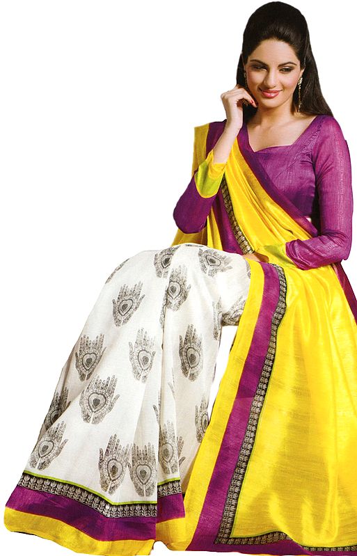 Ivory and Yellow Designer Sari with Printed Pair of Mehandi Hands