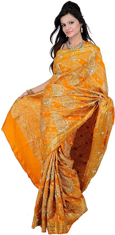 Yam-Yellow Banarasi Sari with Metallic Thread Embroidered Paisleys and Sequins