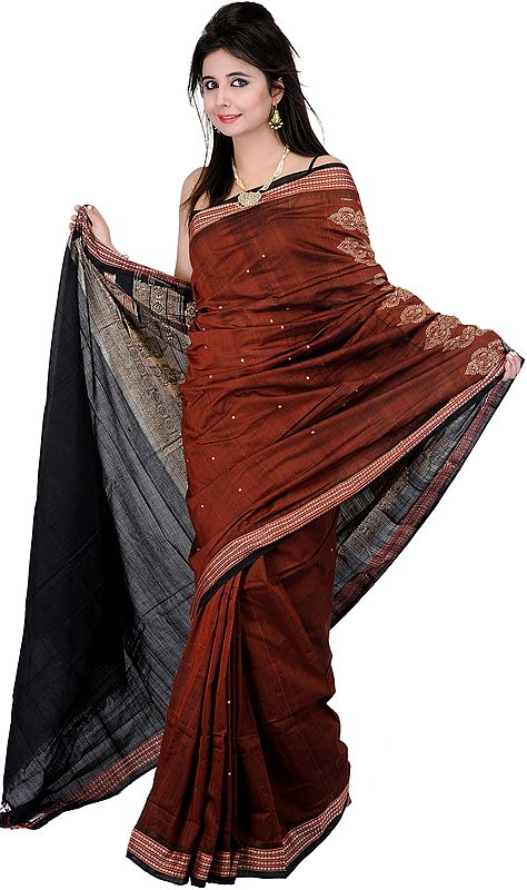 Leather-Brown Bomkai Sari from Orissa with Hand-Woven Bootis and Rudraksha Border