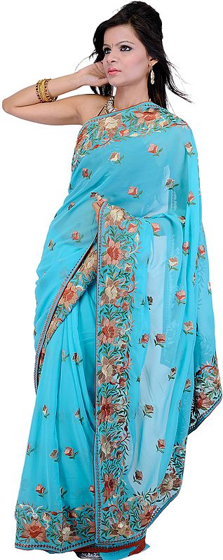 Capri-Blue Designer Sari with Parsi-Embroidered Flowers