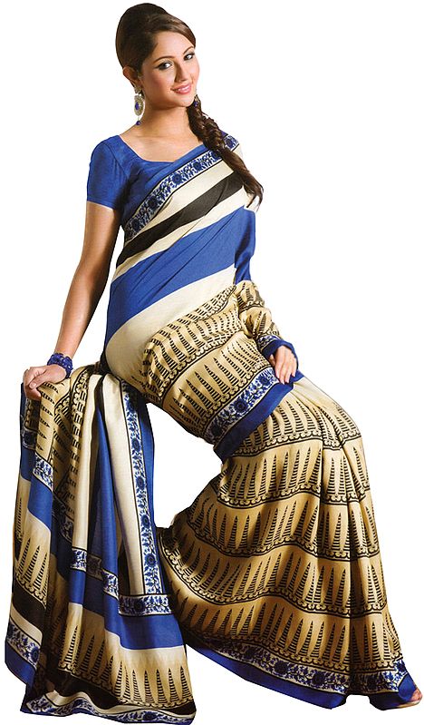 Beige and Blue Printed Sari with Floral Border