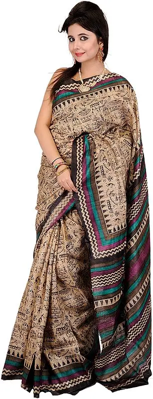 Khaki Sari with Printed Figures Inspired by Warli Art