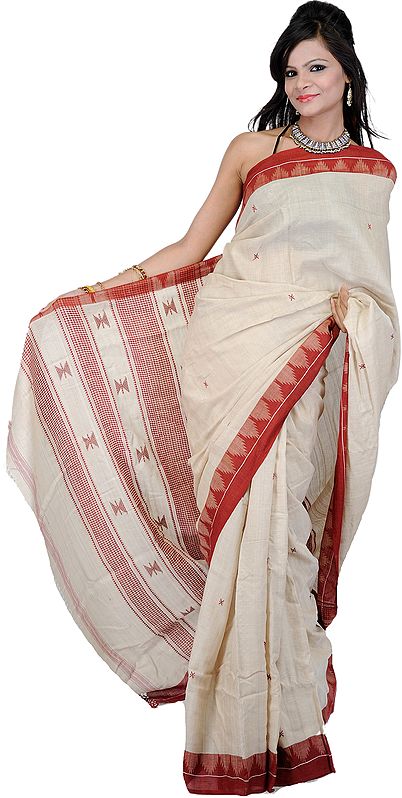 Peyote-Gray Handwoven Kotpat Sari from Orissa with Temple Border