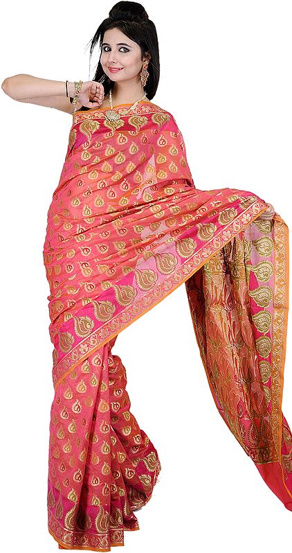 Rapture-Rose Banarasi Sari with All-Over Woven Paisleys and Brocaded Aanchal