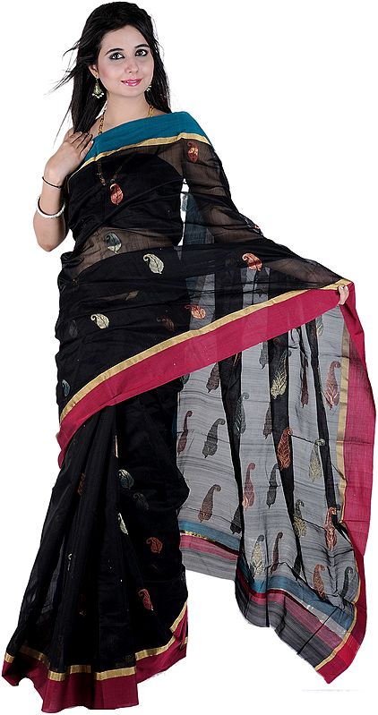 Black Chanderi Sari with All-Over Woven Floral Leaves in Multi-Color Thread