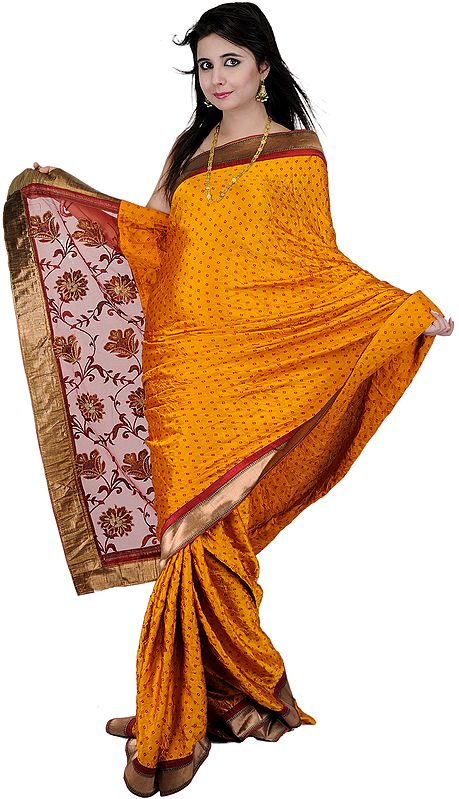 Citrus-Yellow Bandhani Printed Sari with Embroidered Flowers on Aanchal