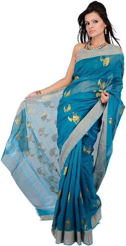 Harbor-Blue Chanderi Sari with Woven Bootis in Golden Thread