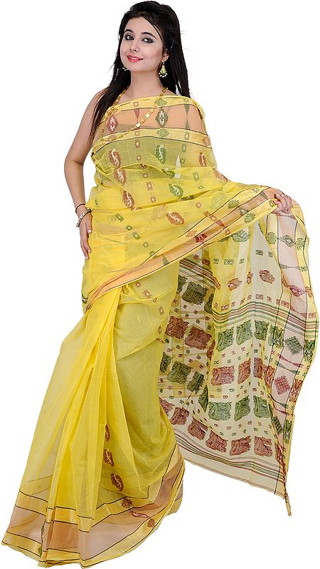 Primrose-Yellow Tant Sari from Kolkata with Hand-woven Paisleys and Flowers