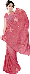 Printed Sari with Metallic-Thread Embroidered Flowers