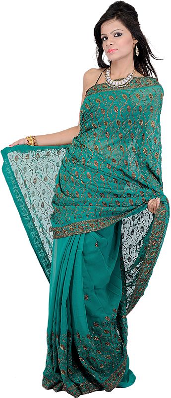Antique-Green Designer Sari with Metallic Thread Embroidered Flowers and Sequins