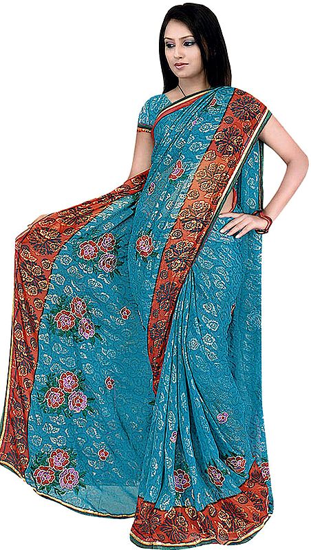 Brittany-Blue Shimmering Sari with Crewel Embroidered Flowers
