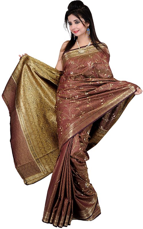 Hawthorn-Rose Banarasi Sari with Tanchoi Weave and Aari Embroidery