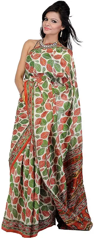 Cream Sari from Kolkata with Printed Leaves