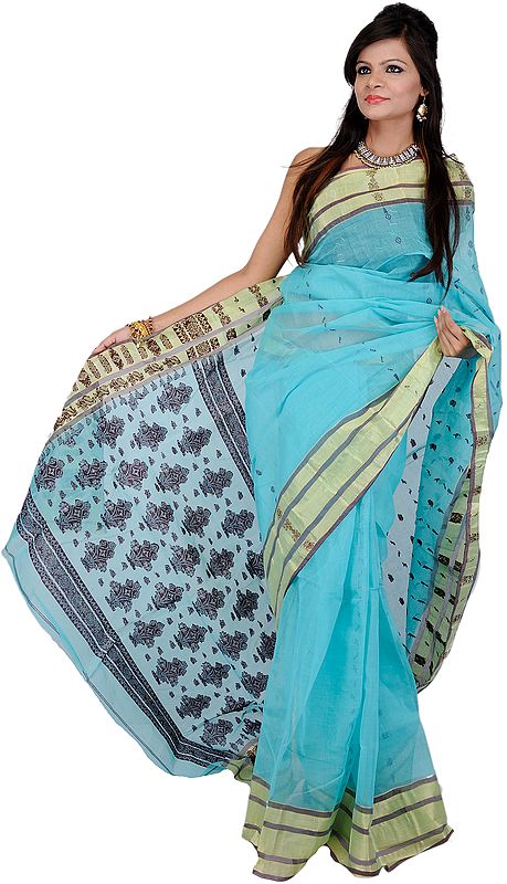 Blue-Radiance Tant Sari from Kolkata with Hand-woven Bootis