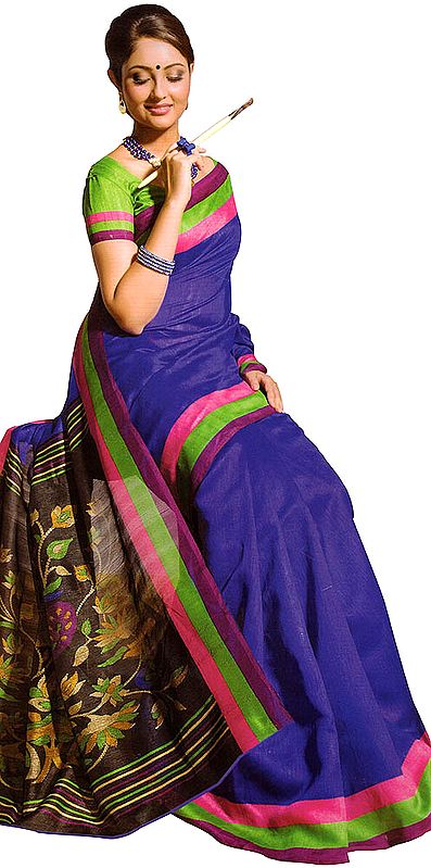 Dazzling Blue Plain Sari with Woven Flowers on Aanchal