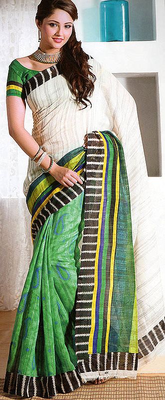Teal-Green Sari with woven Paisleys and Striped Aanchal