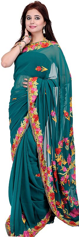 Alpine-Green Sari from Kashmir with Aari Embroidered Flowers All-Over