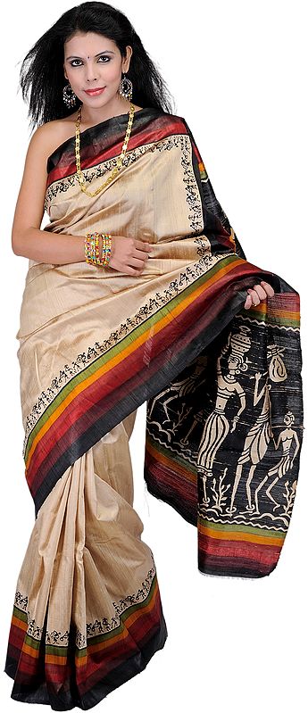 Beige Sari with Printed Folk Figures Inspired By Warli Art