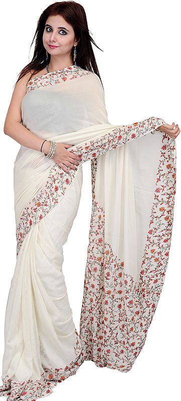 Ivory Sari from Kashmir with Sozni Hand Embroidered Maple Leaves