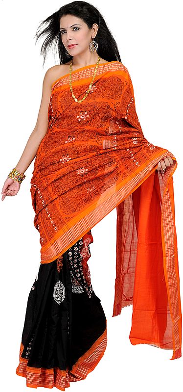 Orange and Black Bomkai Sari from Orrisa with Woven Bootis and Rudraksha Border