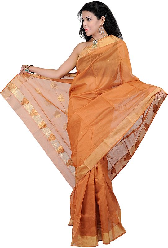 Amber-Brown Chanderi Sari with Hand Woven Bootis in Golden Thread