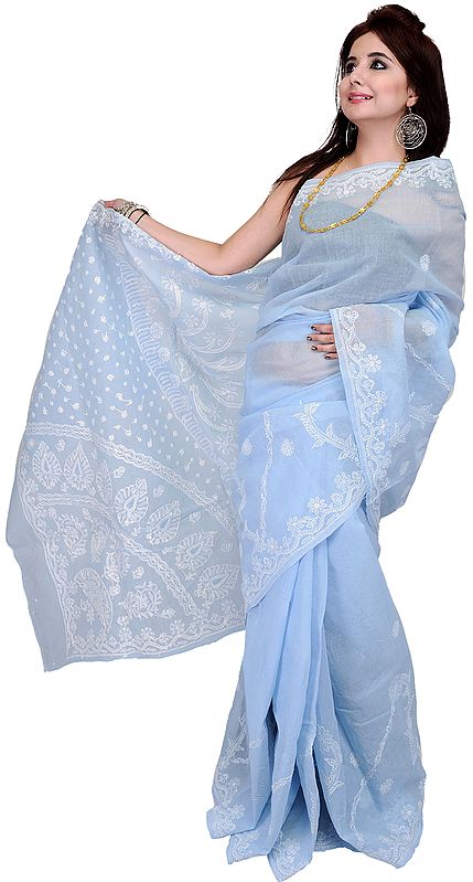 Angel Falls-Blue Sari with Lucknawi Chikan Embroidered Flowers by Hand