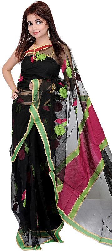 Black Sari with Woven Flowers and Plain Border