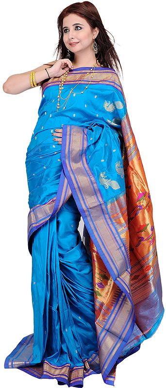 Blue-Jewel Authentic Paithani Sari with Peacocks Hand-woven on Anchal