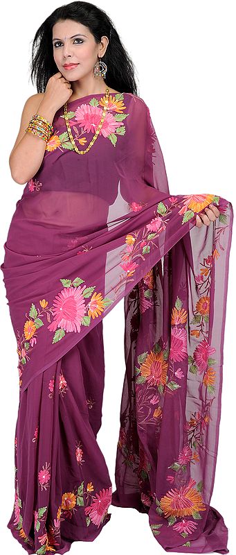 Deep-Purple Sari from Kashmir with Aari Embroidered Flowers