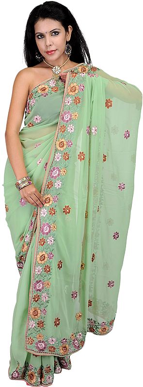 Meadow-Green Designer Sari with Parsi Embroidered Flowers