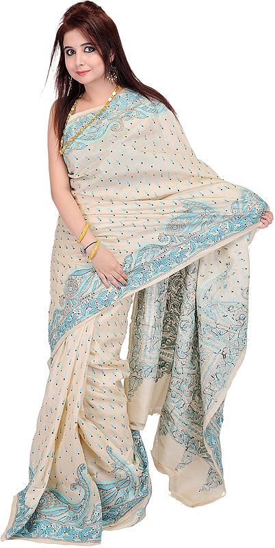 Beige Sari from Shantiniketan with Kantha Stitched Embroidery by Hand