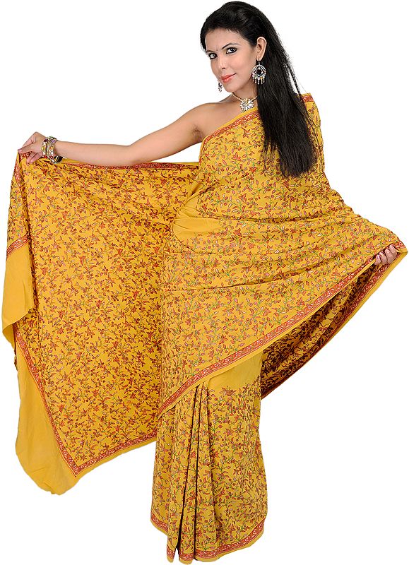 Old-Gold Jamdani Sari from Kashmir with Heavy Needle Stitch Embroidery by Hand