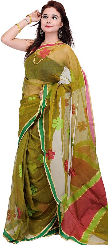 Cress-Green Sari with Woven Flowers with Plain Border