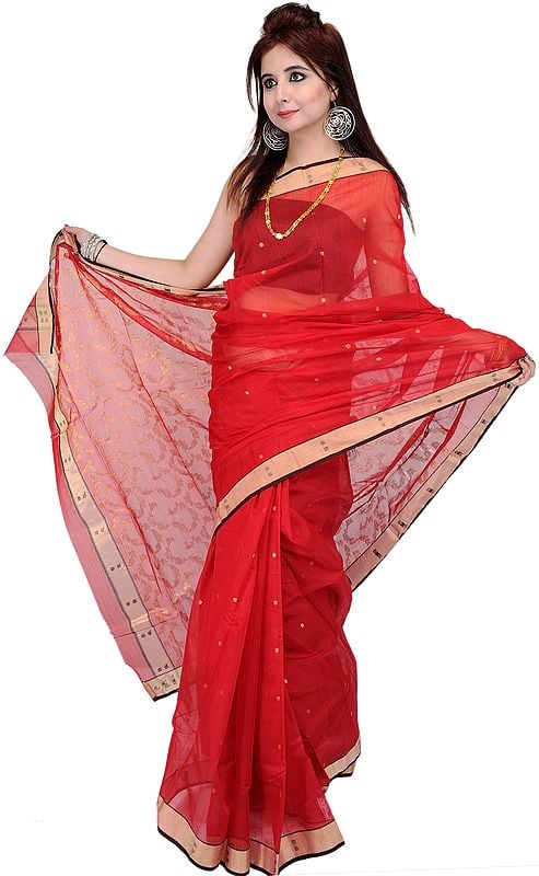 Garnet-Red Chanderi Sari with Woven Bootis in Golden Thread