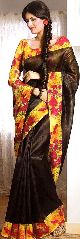 Black Designer Sari with Printed Flowers on Contrast Border