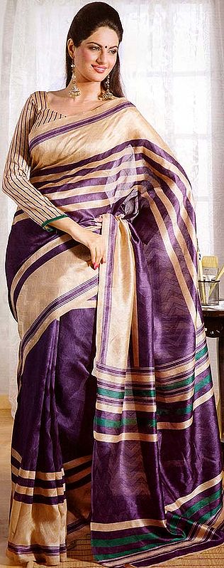 Beige and Purple Designer Sari wth Self Weave and Striped Aanchal
