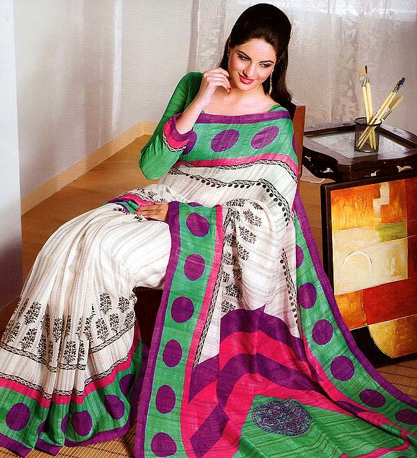 Ivory Sari with Printed Floral Leaves and Polka Dots