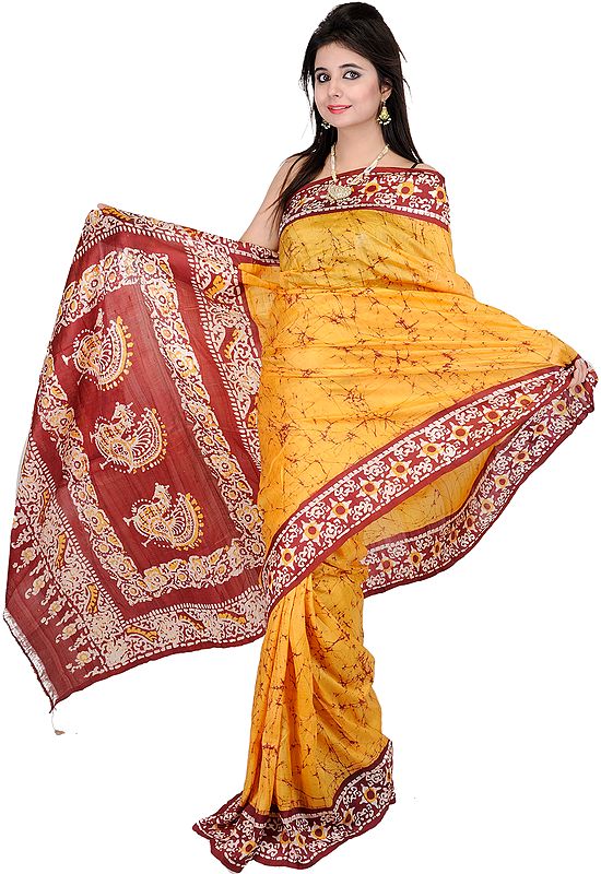 Freesia-Yellow Batik Printed Sari from Kolkata