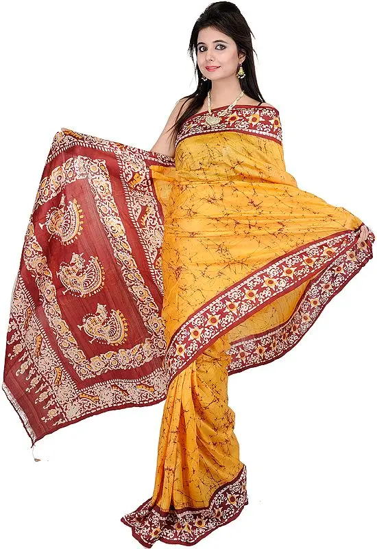 Freesia-Yellow Batik Printed Sari from Kolkata