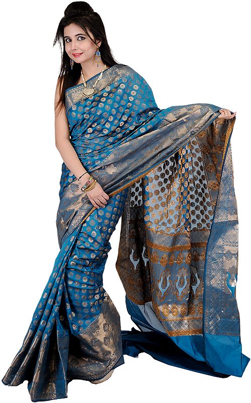 Teal-Blue Banarasi Sari with All-Over Woven Bootis and Brocaded Aanchal
