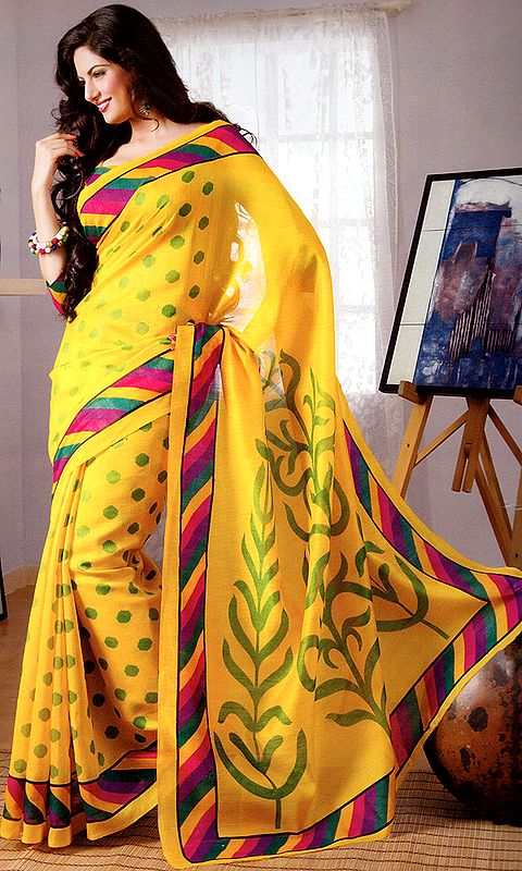 Citrus-Yellow Designer Sari with Printed Polka Dots and Floral Aanchal