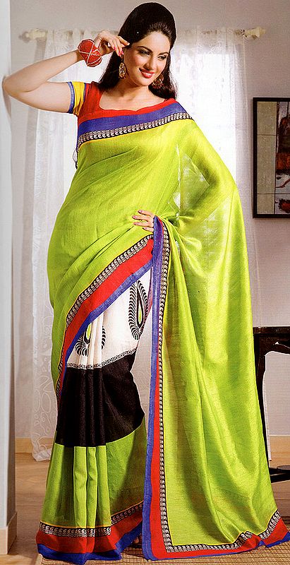 Lime-Green Sari with Large Printed Bootis